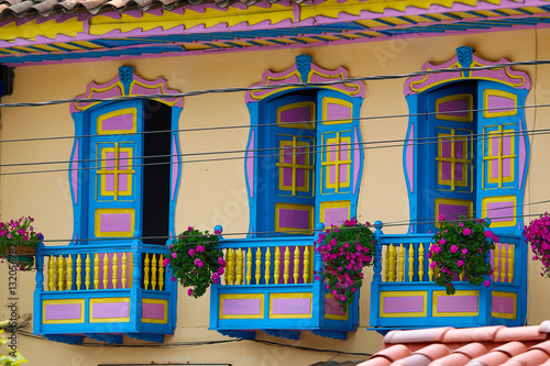 colourful colonial balconies in Colombia photo