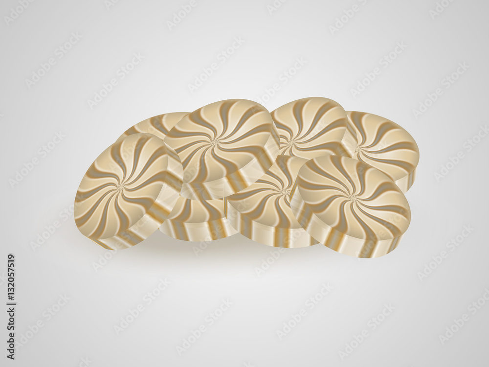 Hill round caramel candy in the center on a white-gray background, vector illustration Hill round caramel candy in the center on a white-gray background, vector illustration