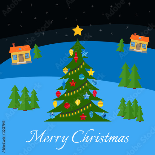 Christmas tree with multi-colored toys and garland. Christmas tree in the village at night. Starry night sky in the village in winter.
