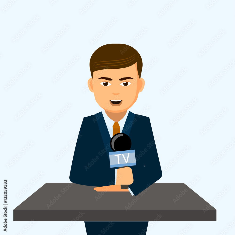Speaker stands behind a podium with microphones makes business report, marketing strategy. Presentation, reporting concept. Speaker stands behind a podium with microphones makes business report, marketing strategy. Presentation, reporting concept.