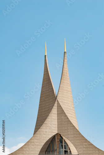 Modern church roof towers architecture of Emauzy monastery temple in Prague photo