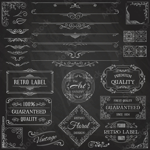 Set of Vintage Calligraphic Design Elements.  Chalk Typography Design on Blackboard