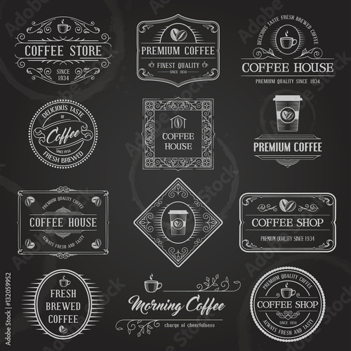 Set of Vintage Retro Coffee Badges and Labels. Chalk Typography Design on Blackboard