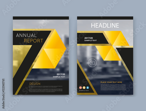 Abstract a4 brochure cover design. Info banner text frame surface. Urban city view font. Title sheet model set. Modern vector front page. Brand logo texture. Yellow triangle image icon. Ad flyer fiber