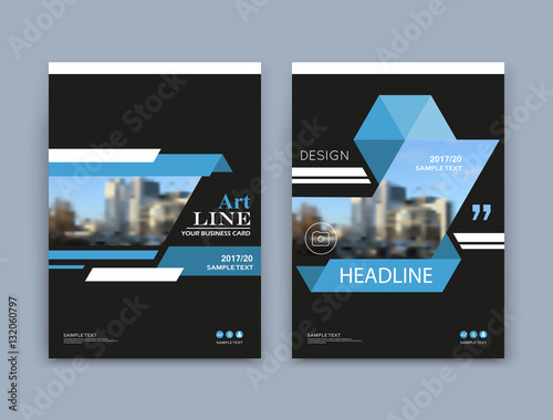 Abstract a4 brochure cover design. Info banner text frame mockup. Urban city view font. Title sheet model set. Modern vector front page. Brand logo texture. Blue triangle figure icon. Ad flyer fiber