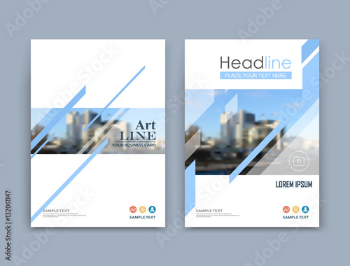 Abstract a4 brochure cover design. Text frame surface. Urban city view font. Title sheet model set. Modern vector front page. Brand logo. Info banner texture. Blue lines figure icon. Ad flyer fiber