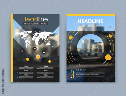 Abstract a4 brochure cover design. Black text frame surface. Urban city view font. Title sheet model set. Modern vector front page. Firm banner texture. Yellow circle figure icon. Round ad flyer fiber