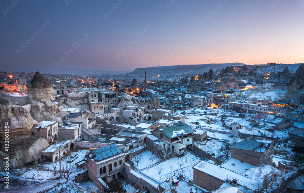Night view of the Uchisar town. The cave city in Cappadocia. Turkey