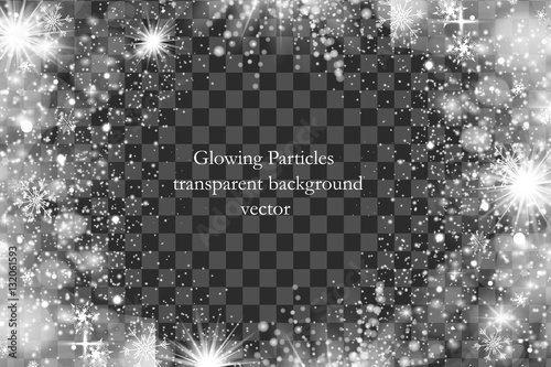 Abstract bright white shimmer glowing scatter falling round particles, lights and snowflakes. Snow on Transparent Background Vector Illustration.