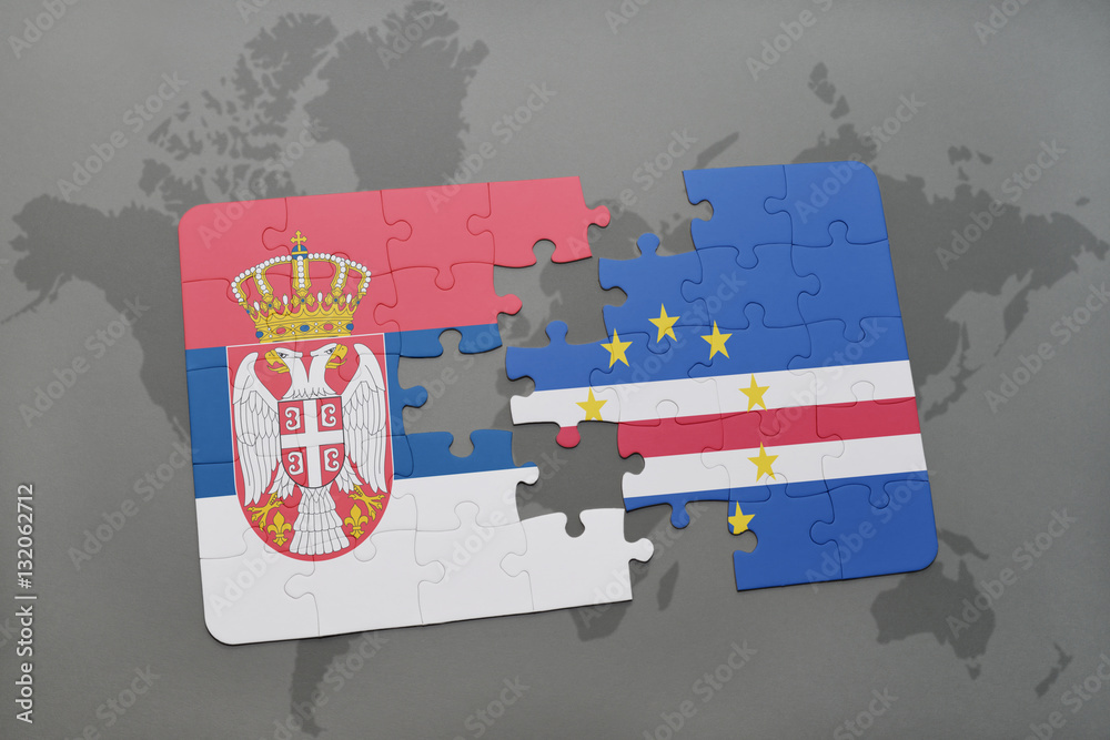 puzzle with the national flag of serbia and cape verde on a world map