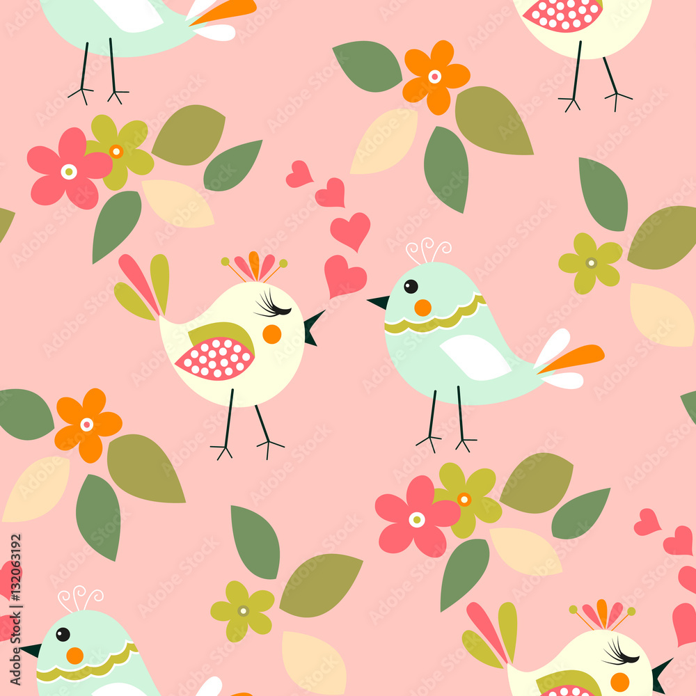 Cute birds seamless pattern with little flower and leaf on a pastel salmon background.