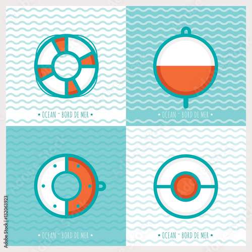 Picto ronds vectoriels sur l'univers de la mer, bouée de sauvetage, bouchon de pêche, hublot, bachi