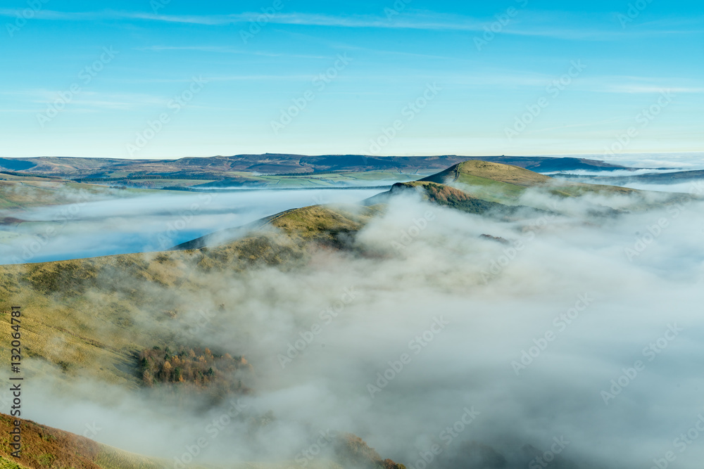 The great ridge covered in morning mist as viewed from Mam Tor, Hope Valley, Peak District