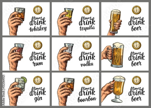 Male hand holding a glasses with alcohol drinks and antique pocket watch.