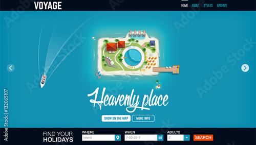 Top view of the island in the form of a camera. Concept  website header template. Time to travel and vacations banner. Holiday trip. Travel and tourism. Heavenly place