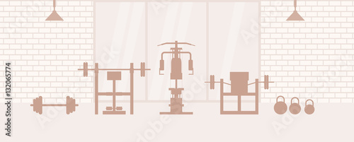 Fitness gym interior template with sports equipments and elliptical trainers, . Fitness concept with sport Club in flat style.