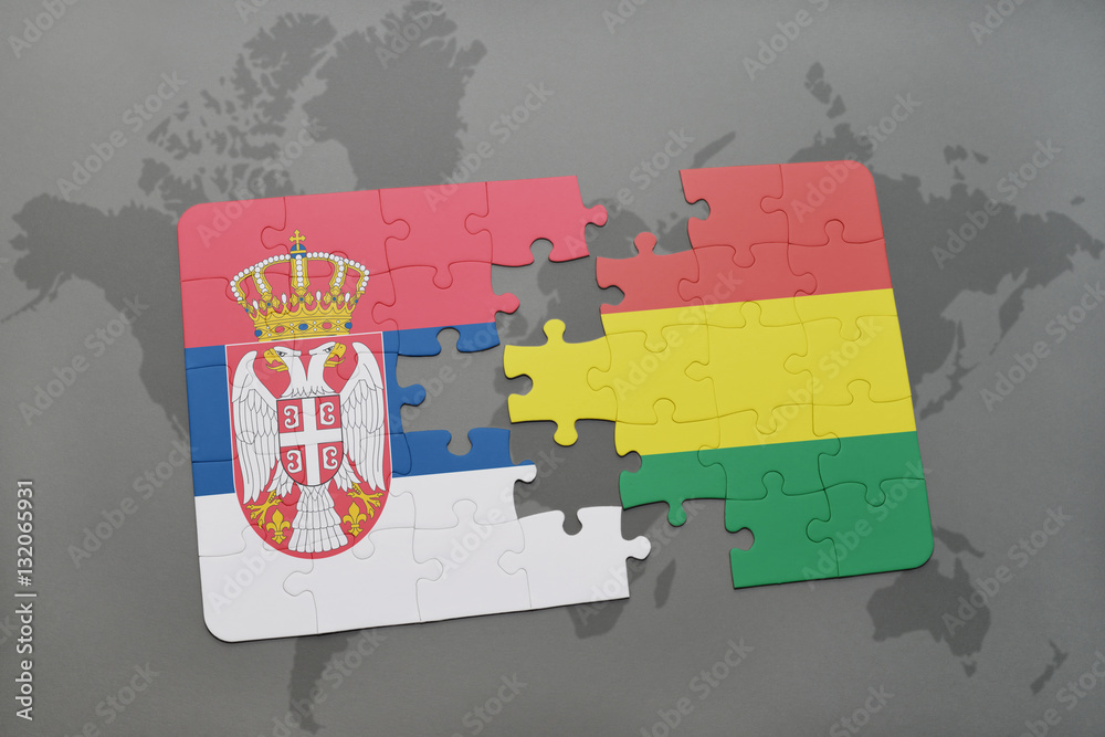 puzzle with the national flag of serbia and bolivia on a world map