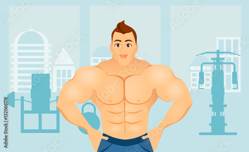 Fitness concept with sport bodybuilder man. Muscular models. Mens physique athlete in a Fitness gym interior. Vector illustration eps 10 in flat style.