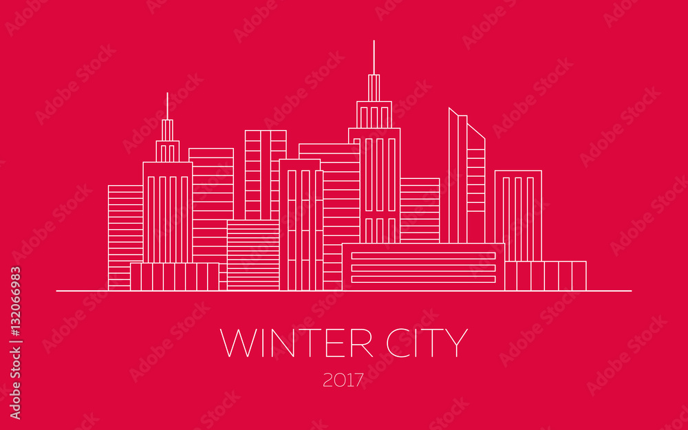 Naklejka premium Line city on a red background. Vector skyscrapers illustration in linear style