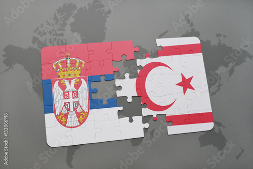 puzzle with the national flag of serbia and northern cyprus on a world map
