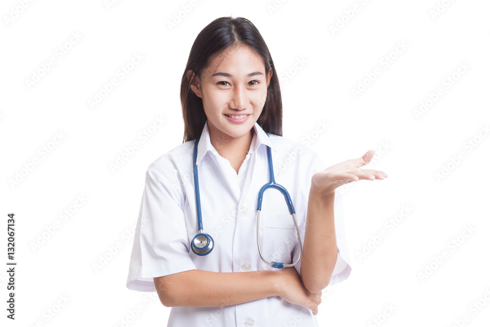 Asian young female doctor smile show her hand. Asian young female doctor smile show her hand.
