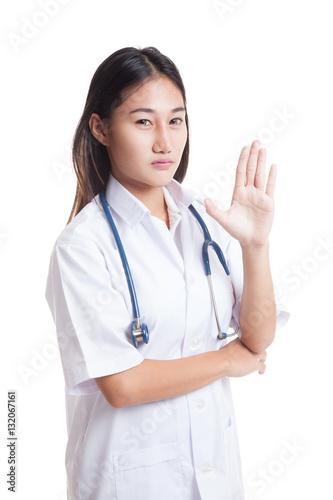 Asian young female doctor say talk to my hand.
