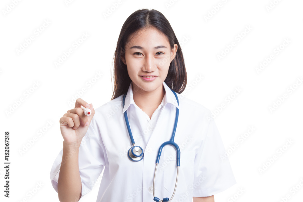 Young Asian female doctor with a red marker. Young Asian female doctor with a red marker.