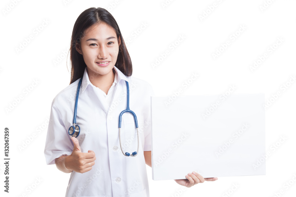 Young Asian female doctor show thumbs up and blank sign. Young Asian female doctor show thumbs up and blank sign.
