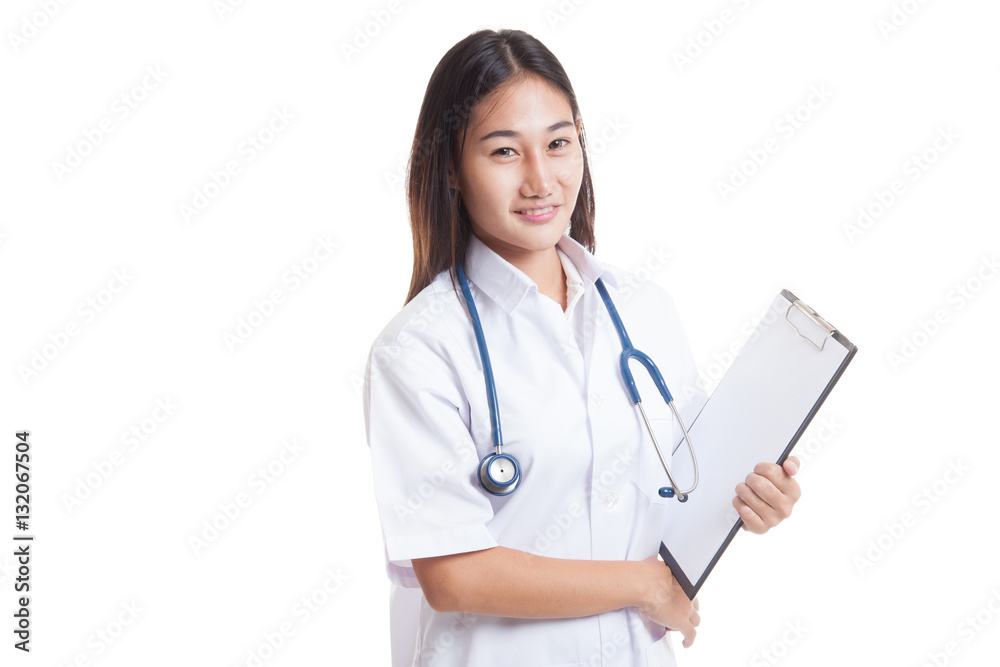 Young Asian female doctor hold a clipboard. Young Asian female doctor hold a clipboard.