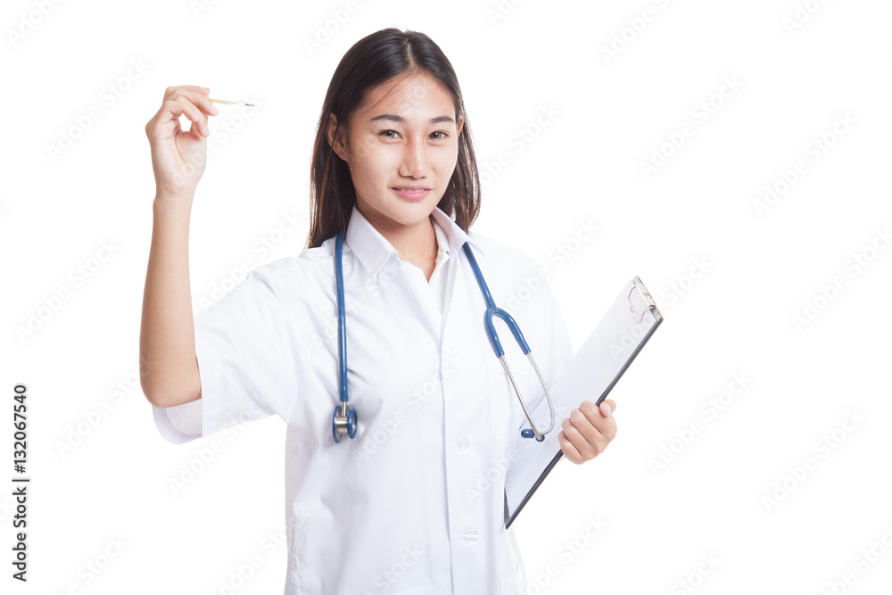 Young Asian female doctor with thermometer and clipboard. Young Asian female doctor with thermometer and clipboard.
