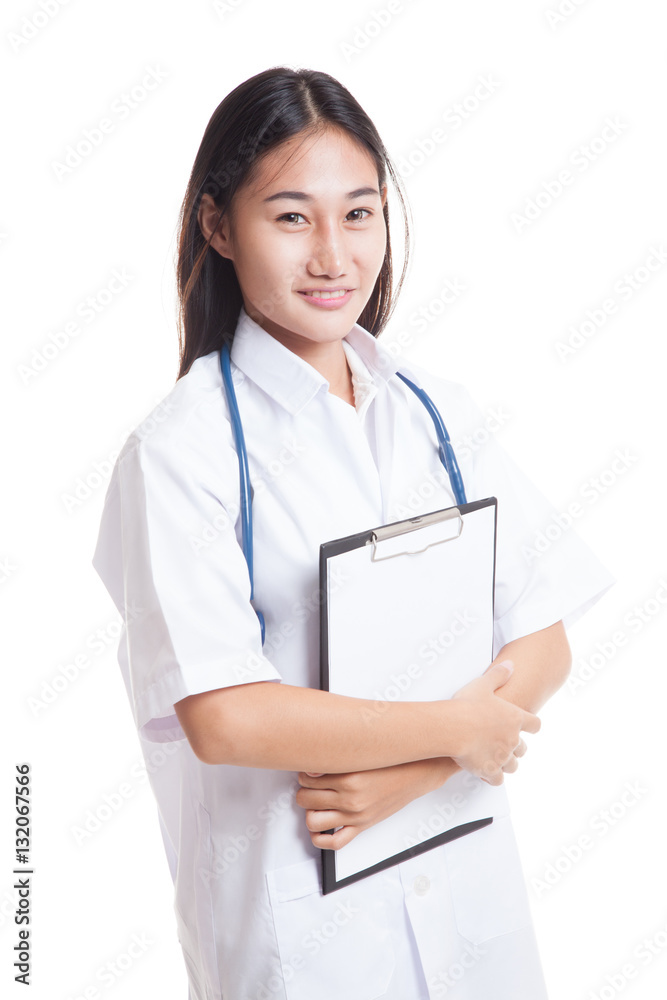 Asian young female doctor hold a clipboard. Asian young female doctor hold a clipboard.