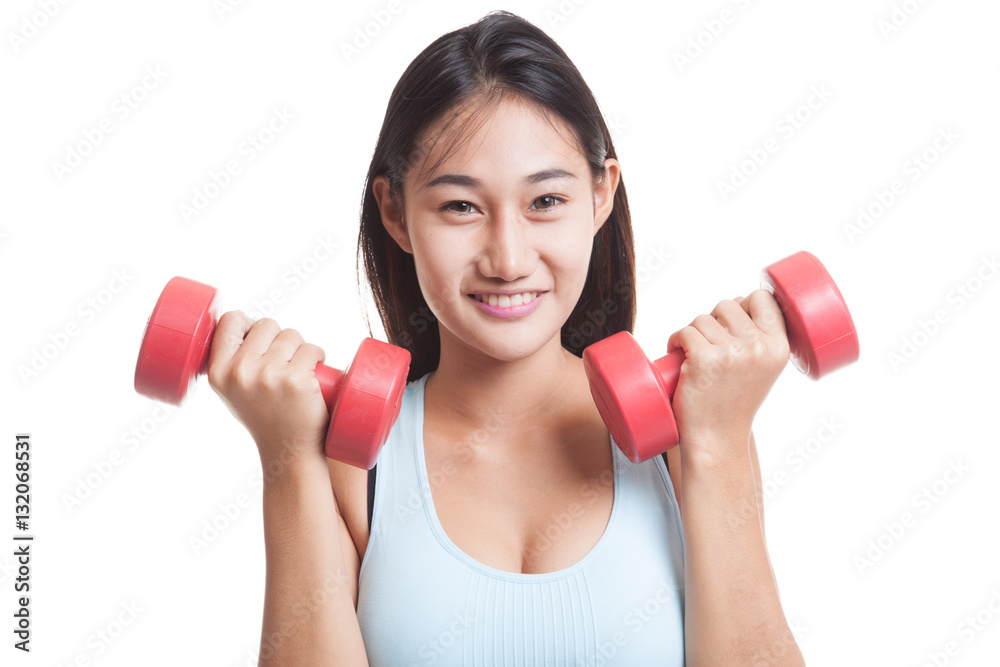 Beautiful Asian healthy girl exercise with dumbbell.