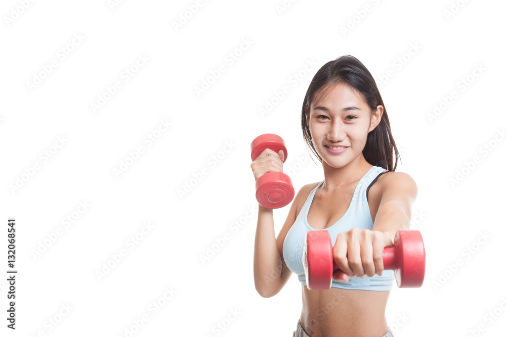 Beautiful Asian healthy girl exercise with dumbbell. Beautiful Asian healthy girl exercise with dumbbell.
