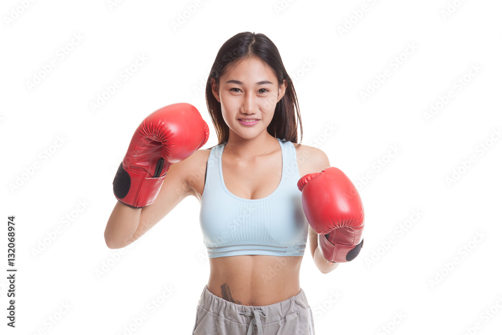 Beautiful healthy Asian girl with red boxing glove. Beautiful healthy Asian girl with red boxing glove.