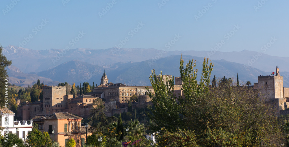 Alhambra Granada, Spain. Sierra Nevada mountains at the background, panoramic views from a viewpoint