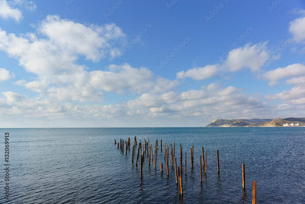 The remains of the destroyed pier in the sea. Russia, Krasnodar Krai, village of Big Utrish