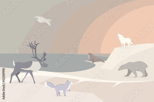 Tundra landscape with ocean coast and animals.