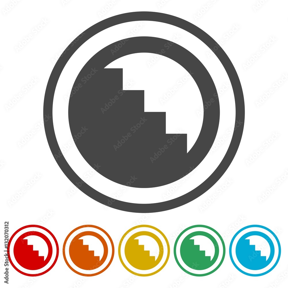 Stairs down vector simple icon, Downstairs icon Stairs down vector simple icon, Downstairs icon