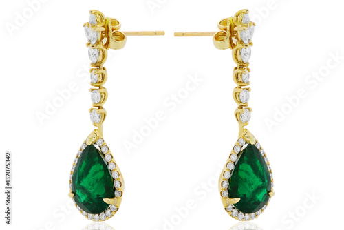 earrings with Colombian emeralds and diamonds in yellow gold, classic jewelry with gemstone and jade