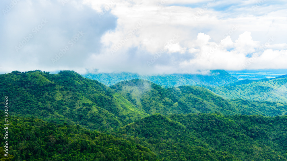 Fototapeta premium Landscape view house on hill from Wat Phra That Pha Son Kaew at