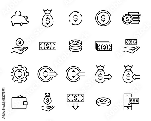 Set of money icons in modern thin line style.