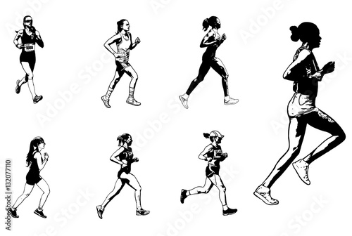 female marathon runners sketch illustration - vector