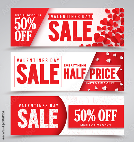 Valentines day sale vector banners with different designs for half price promotions with red hearts elements in a background. Vector illustration.

