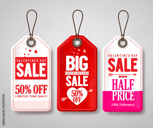 Valentines day sale price tags and labels vector set with half price store promotional designs. Vector illustration.
