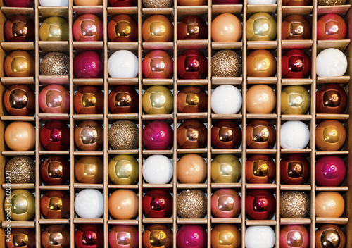 Colorful Background Grid Pattern of Glass Holiday Balls