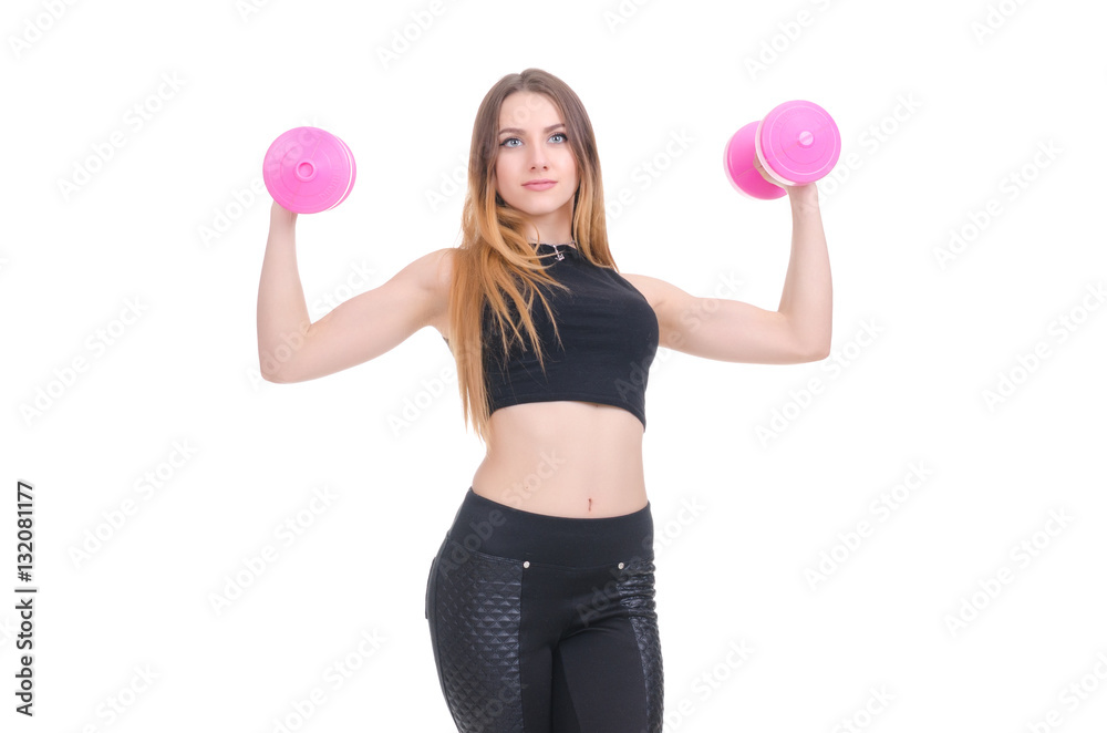 .Diet. Young beautiful girl with pink dumbbells in his hands. Girl performs sporting exercise. .Diet. Young beautiful girl with pink dumbbells in his hands. Girl performs sporting exercise.
