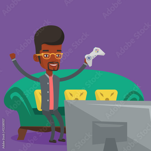 Man playing video game vector illustration.