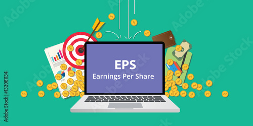 eps earning per share stock business illustration with laptop and gold money coin goals falling from sky to reflect get profit