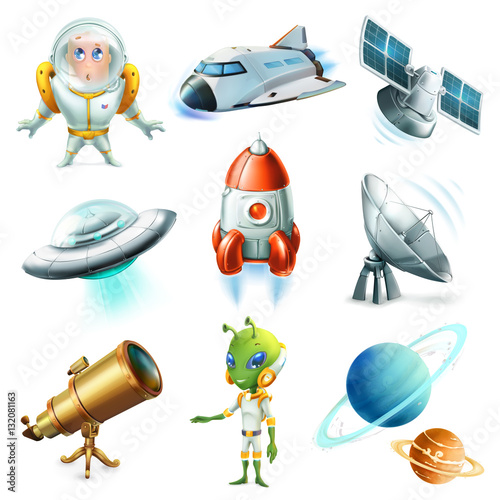 Space, spaceship, planet, spaceman, ufo and satellite. 3d vector icon set