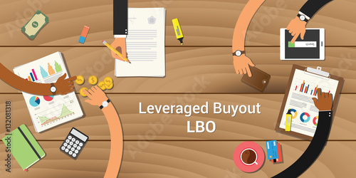 leveraged buyout illustration team work together with a hand working together on top of wooden table work on paperwork document graph chart